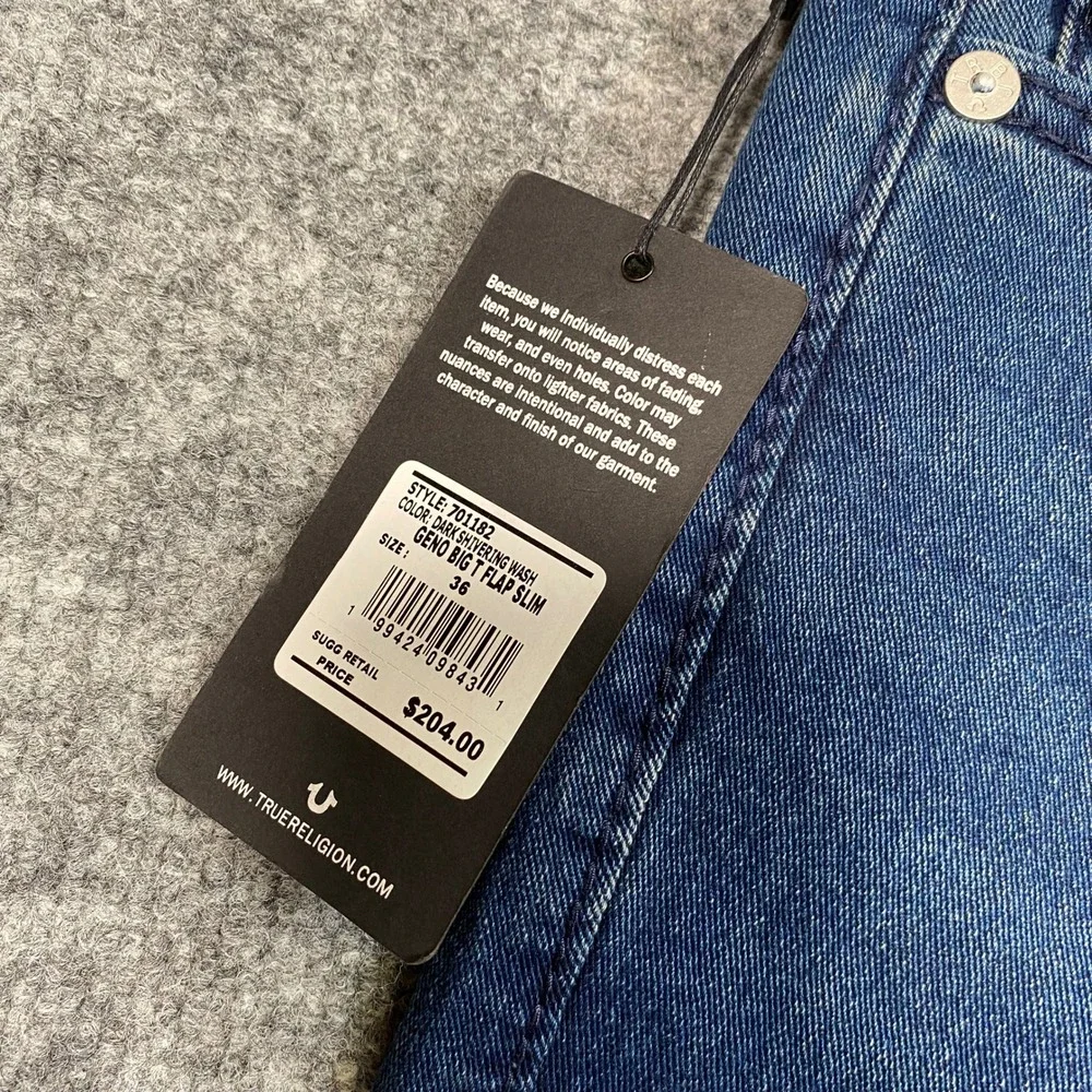 True Religion Geno Relaxed Slim Jeans Dark Shivering Wash Blue Mens 36 NWT